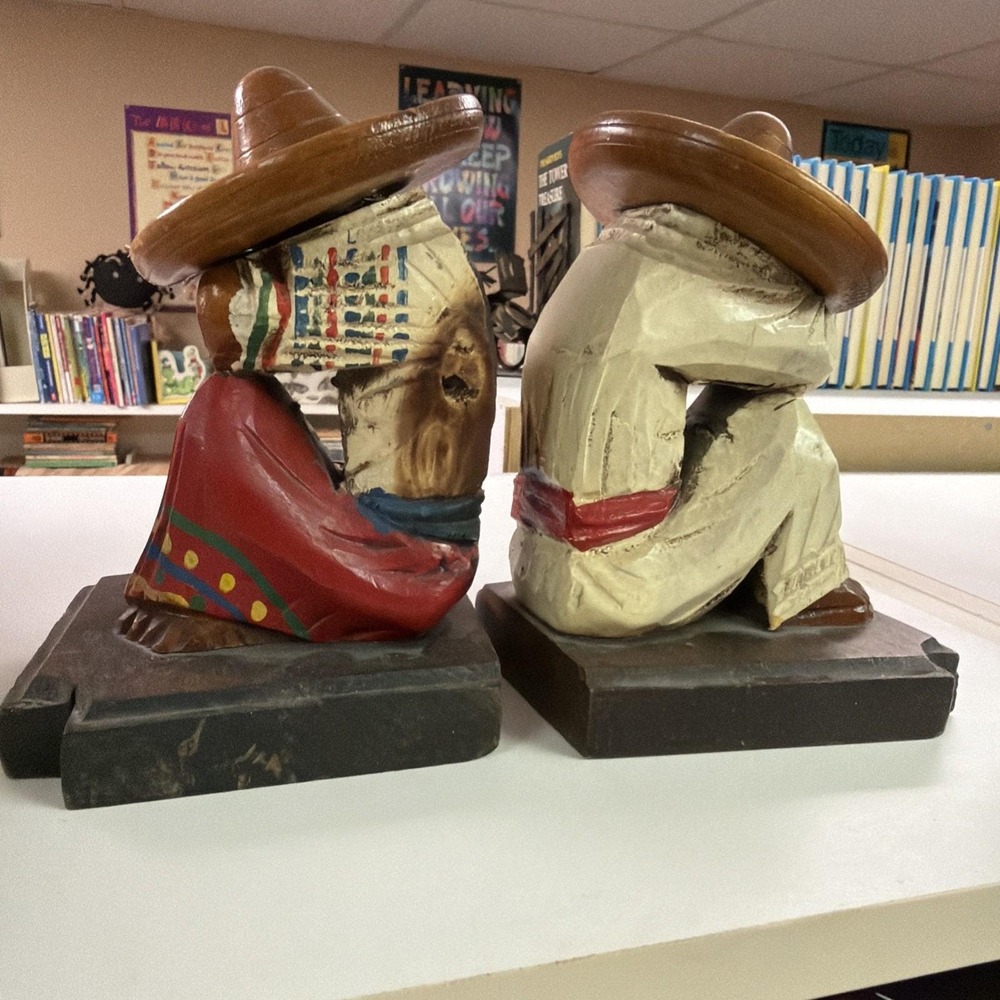 Vintage Mexican Wooden Siesta Sleeping Couple Book Ends